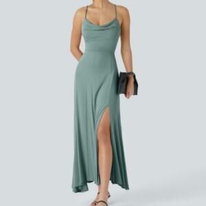 Sz Sm HALARA Sage Green Cowl Neck Spaghetti Strap Lace Up Back Slit Midi Dress